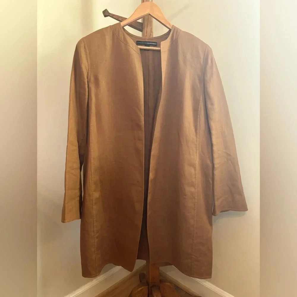 Linda Allard Ellen Tracy size 14 Brown Linen Minimalist Open Jacket
